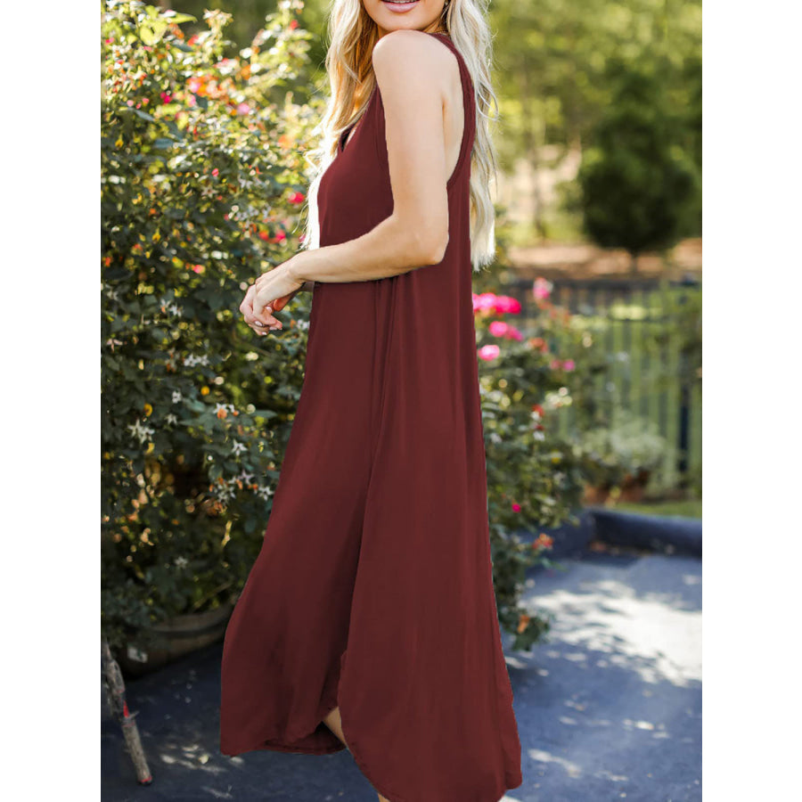 Full Size V - Neck Midi Tank Dress Wine / S Apparel and Accessories