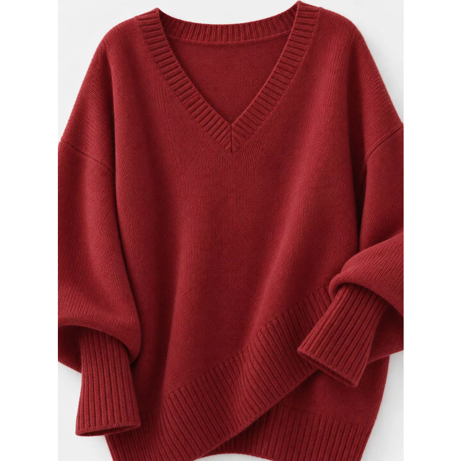 Full Size V-Neck Oversized Batwing Sleeve Sweater Plus Apparel and Accessories