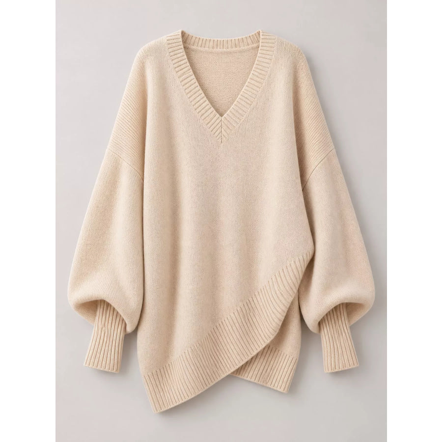 Full Size V-Neck Oversized Batwing Sleeve Sweater Plus Apparel and Accessories