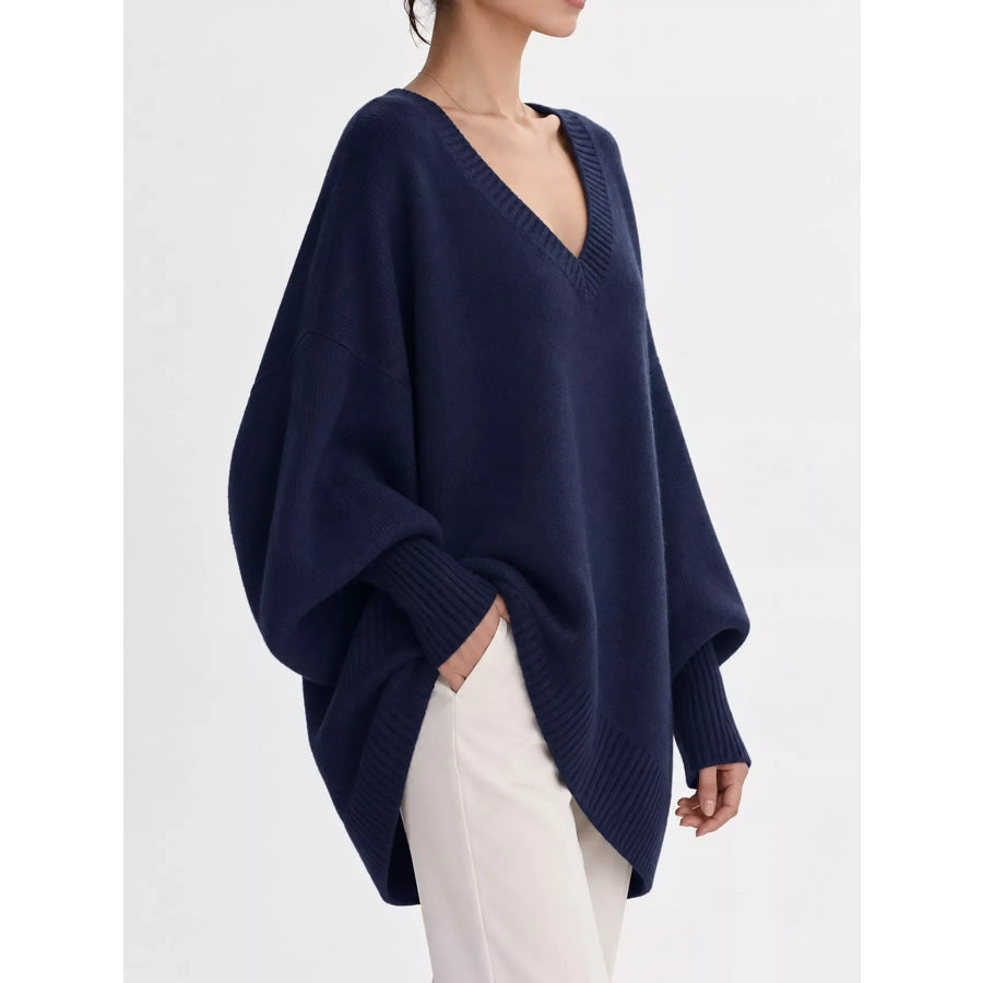 Full Size V-Neck Oversized Batwing Sleeve Sweater Plus Apparel and Accessories