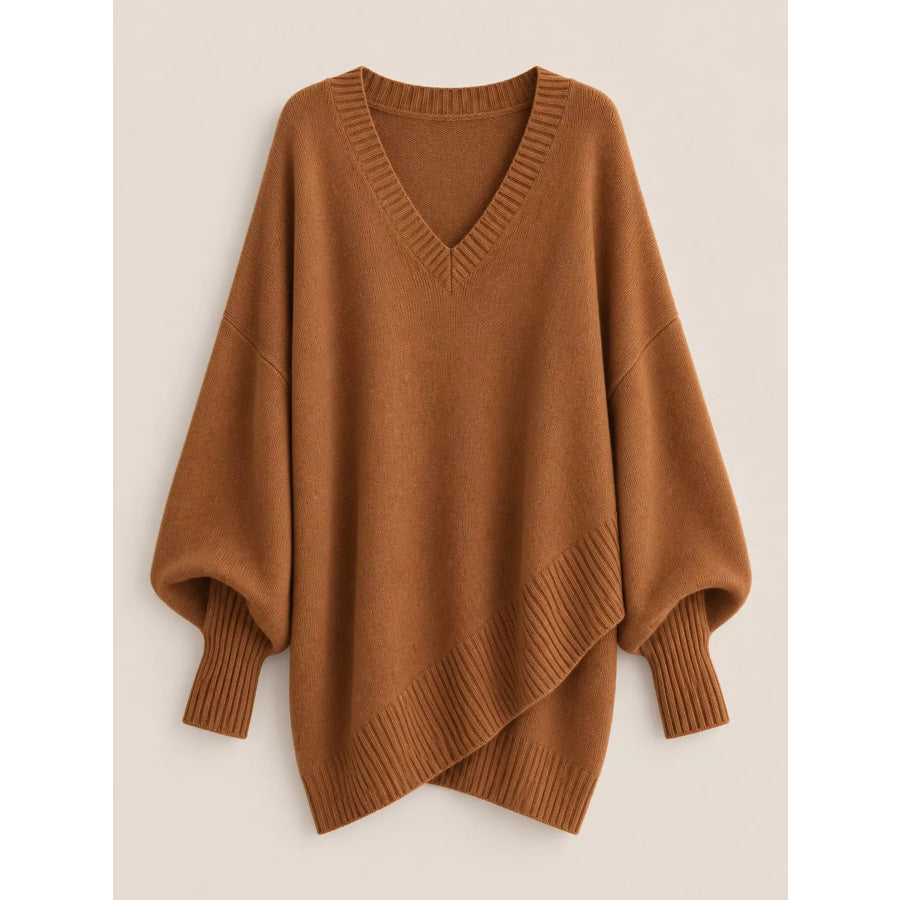 Full Size V-Neck Oversized Batwing Sleeve Sweater Plus Apparel and Accessories