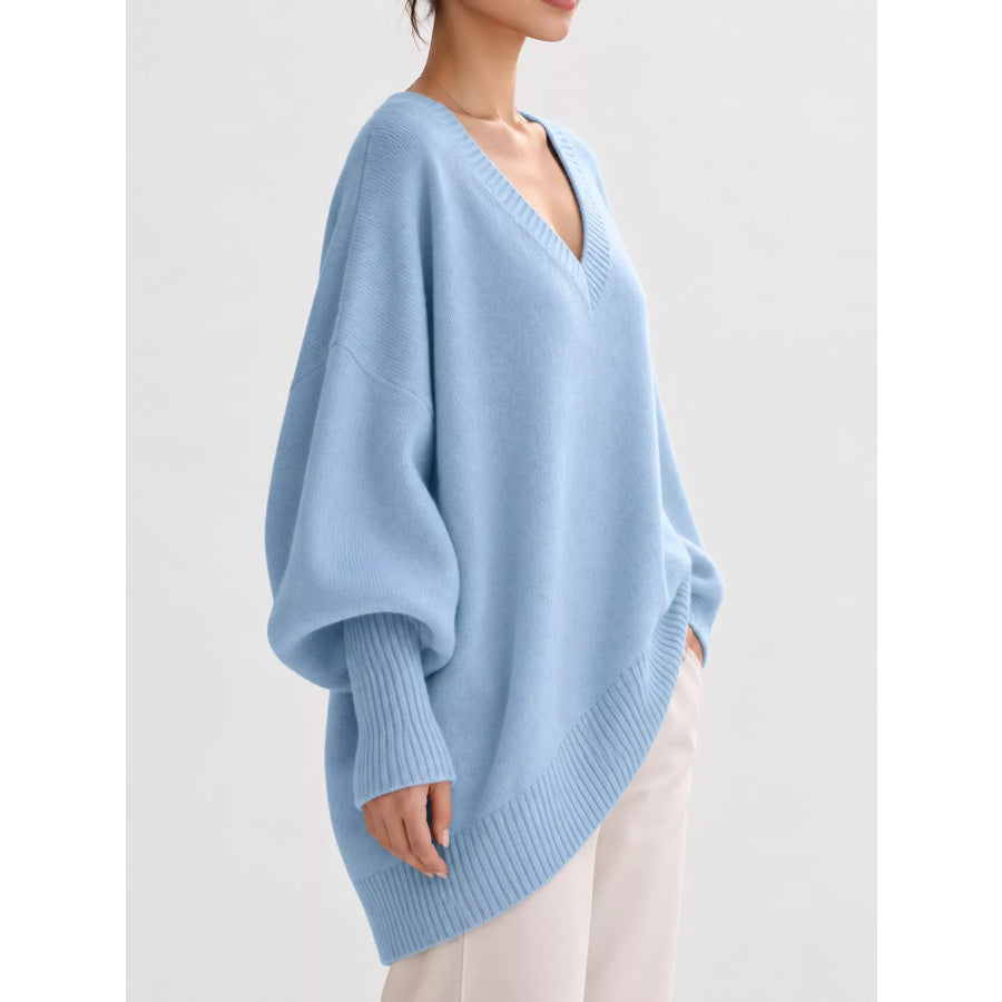 Full Size V-Neck Oversized Batwing Sleeve Sweater Plus Apparel and Accessories