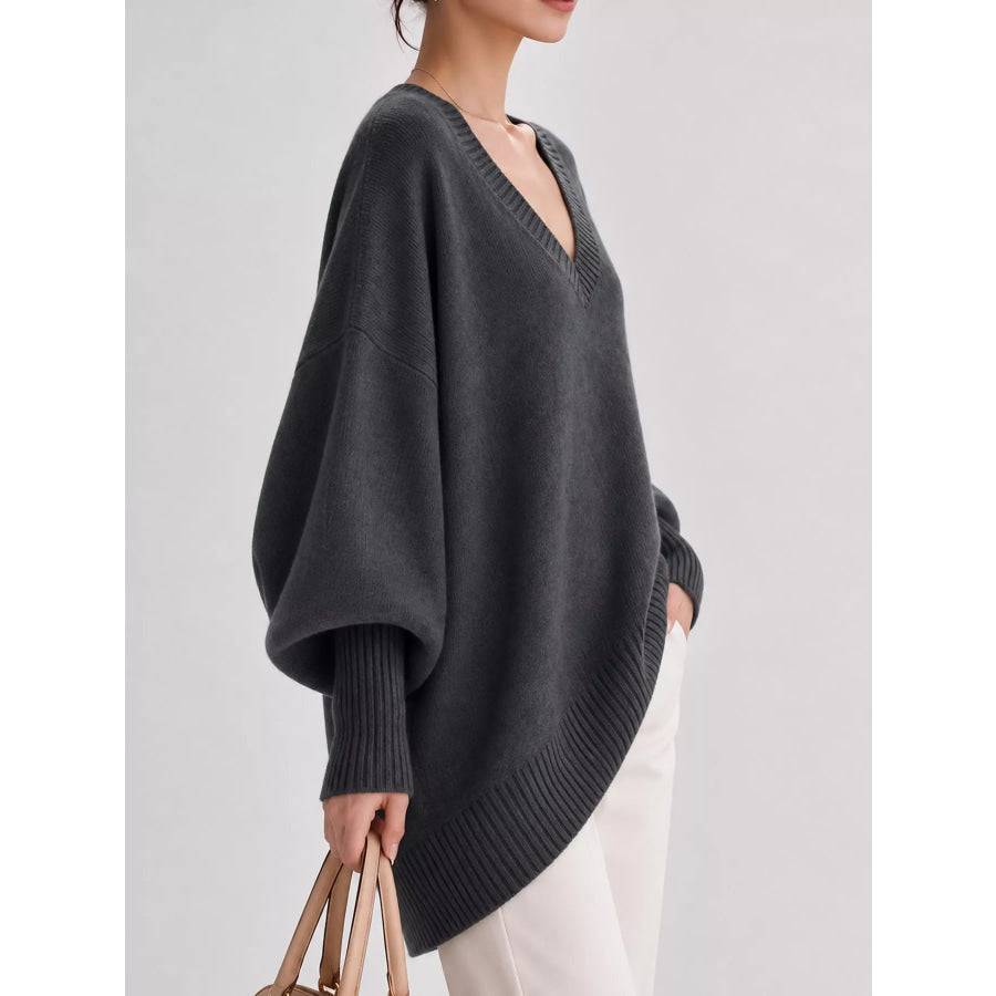 Full Size V-Neck Oversized Batwing Sleeve Sweater Plus Apparel and Accessories