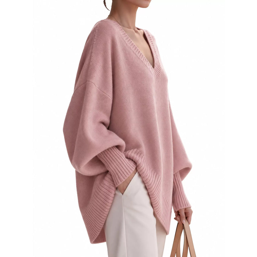 Full Size V-Neck Oversized Batwing Sleeve Sweater Plus Apparel and Accessories