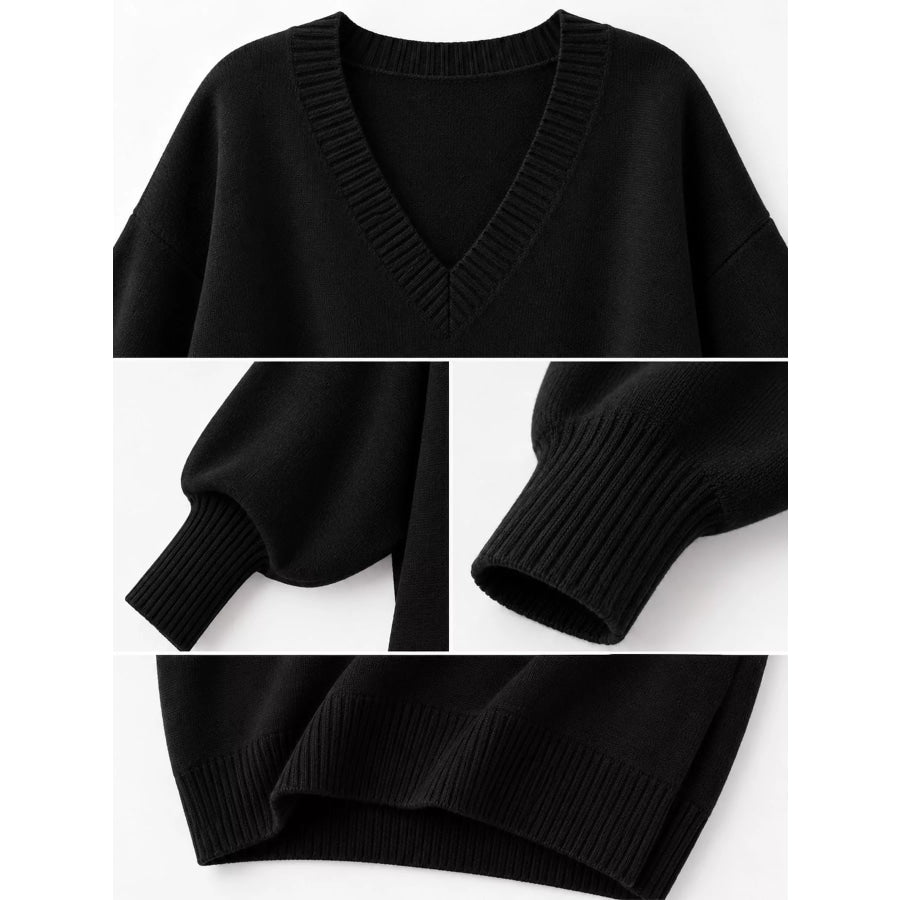 Full Size V-Neck Oversized Batwing Sleeve Sweater Plus Apparel and Accessories