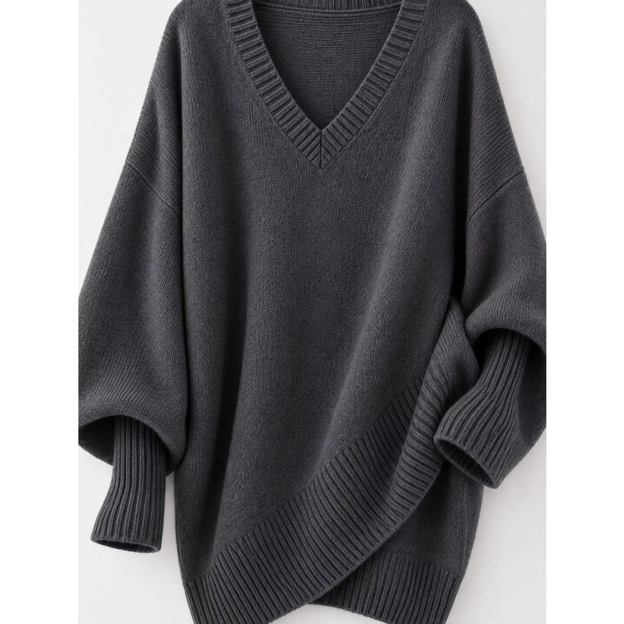 Full Size V-Neck Oversized Batwing Sleeve Sweater Plus Apparel and Accessories
