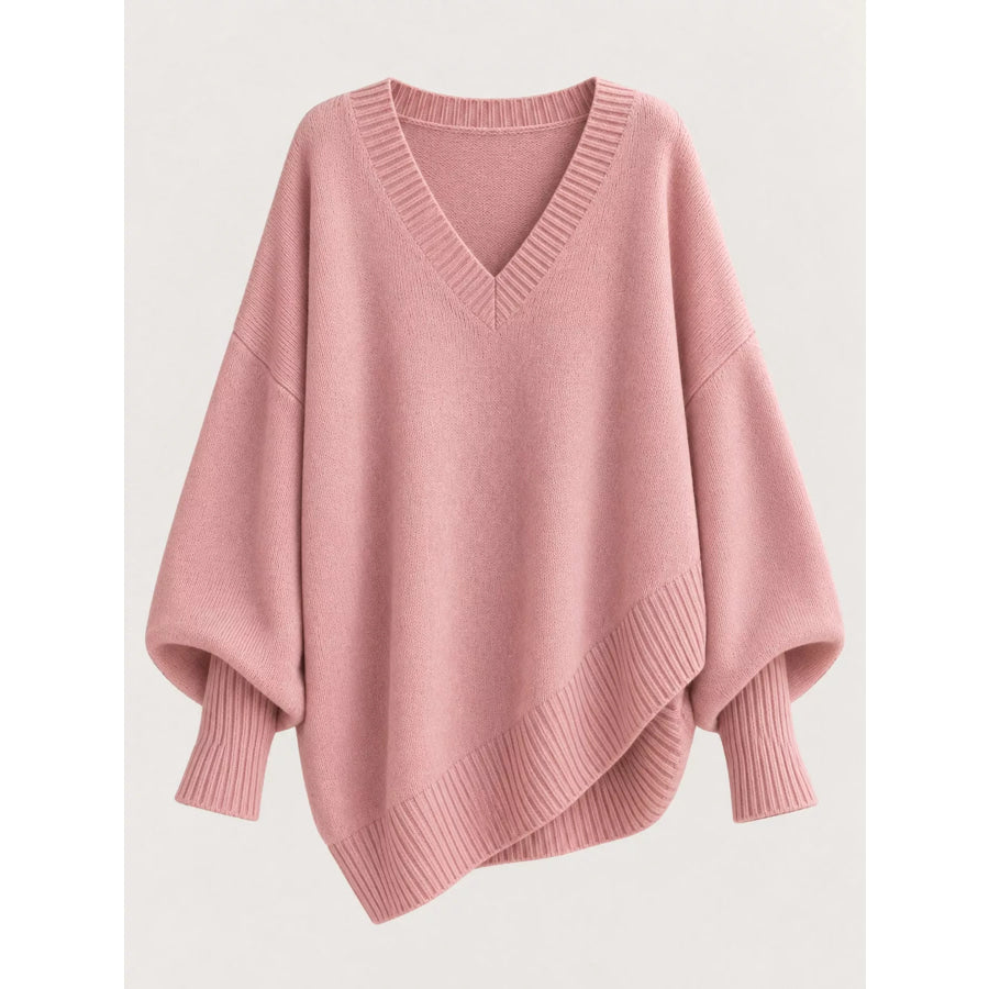 Full Size V-Neck Oversized Batwing Sleeve Sweater Plus Apparel and Accessories