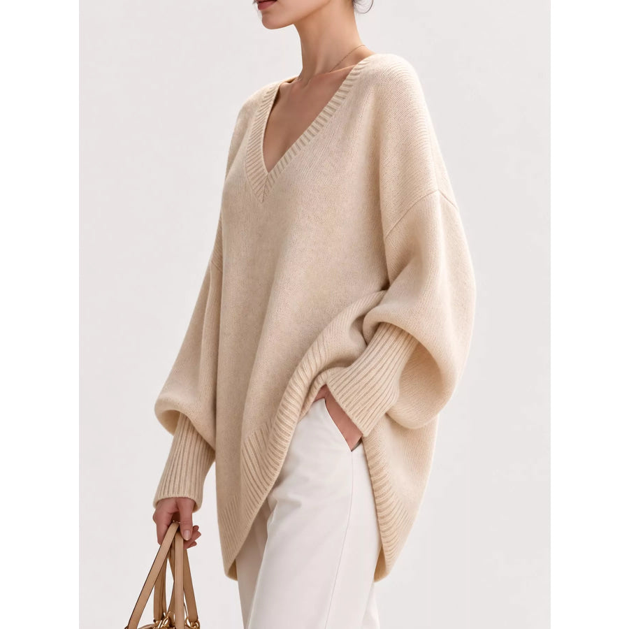 Full Size V-Neck Oversized Batwing Sleeve Sweater Plus Apparel and Accessories