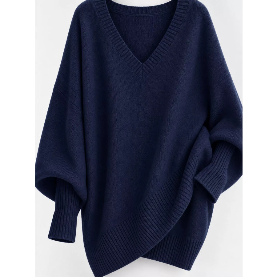 Full Size V-Neck Oversized Batwing Sleeve Sweater Plus Apparel and Accessories
