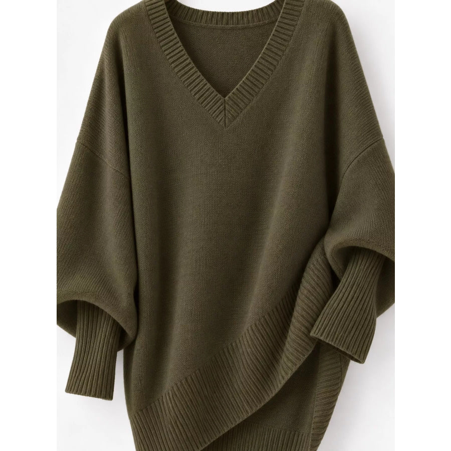 Full Size V-Neck Oversized Batwing Sleeve Sweater Plus Apparel and Accessories