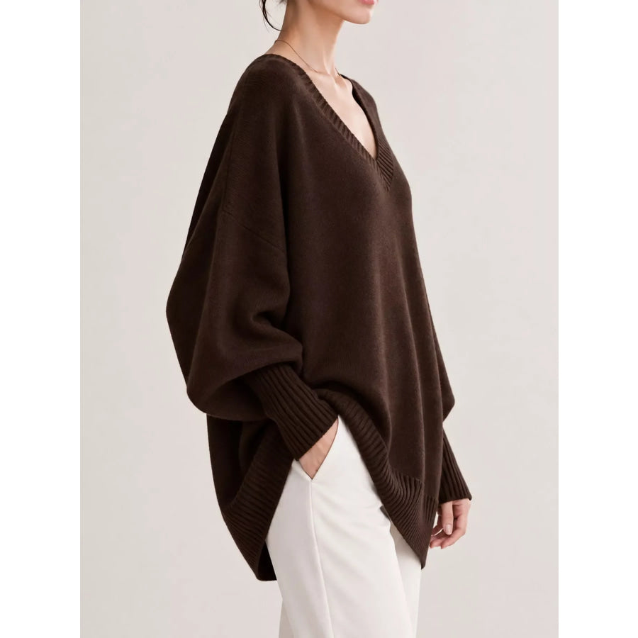 Full Size V-Neck Oversized Batwing Sleeve Sweater Plus Apparel and Accessories