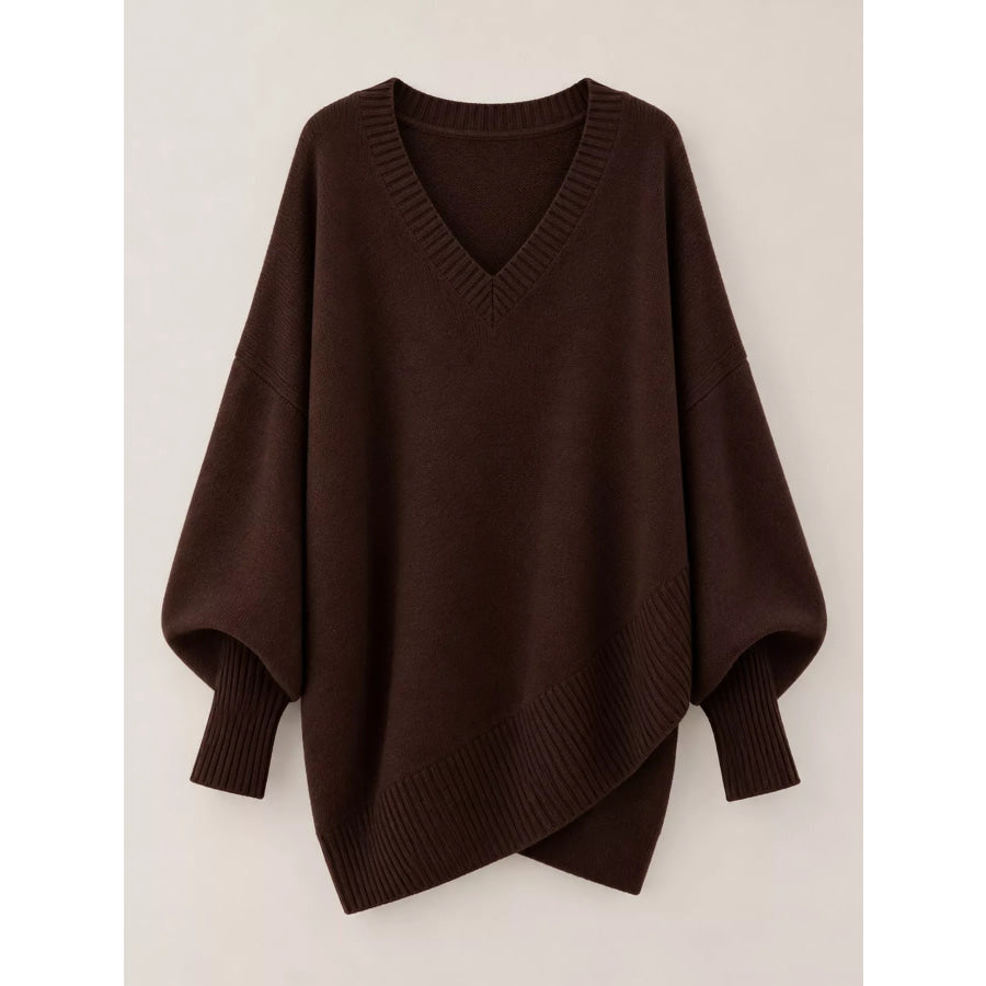 Full Size V-Neck Oversized Batwing Sleeve Sweater Plus Apparel and Accessories
