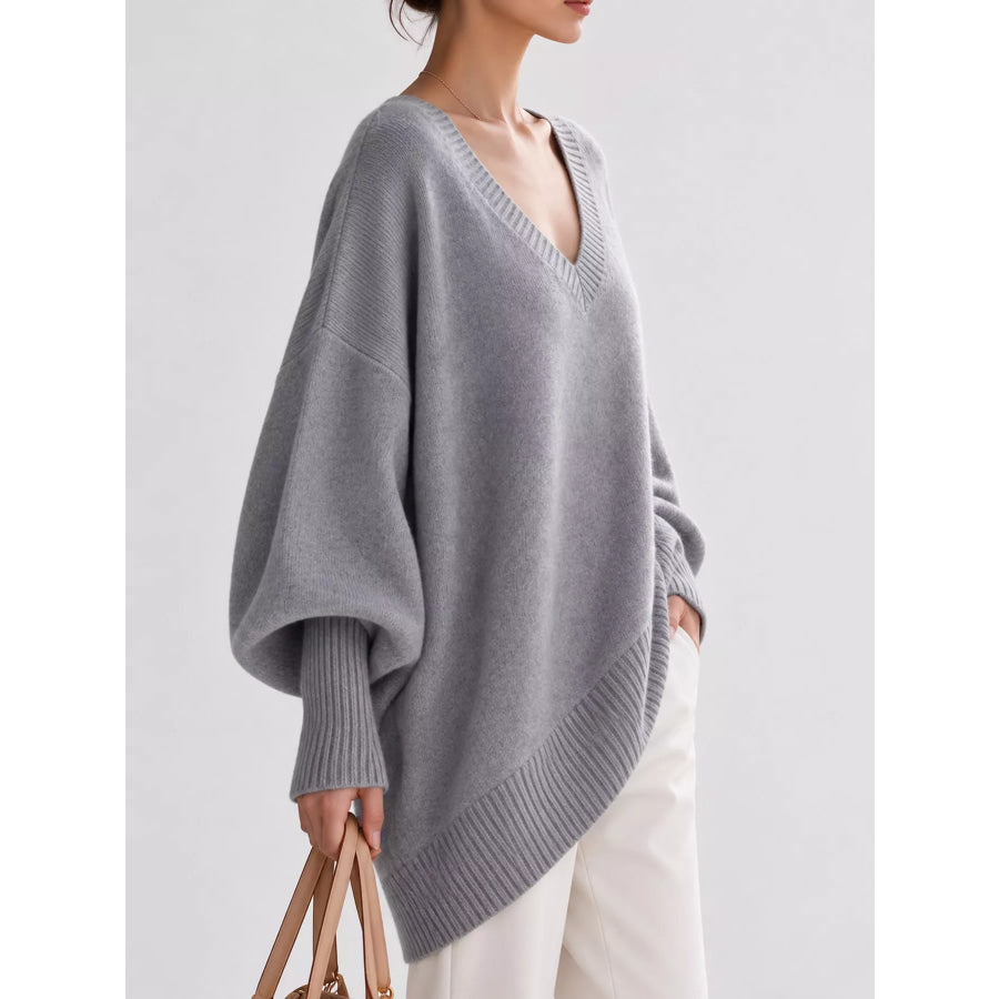 Full Size V-Neck Oversized Batwing Sleeve Sweater Plus Apparel and Accessories