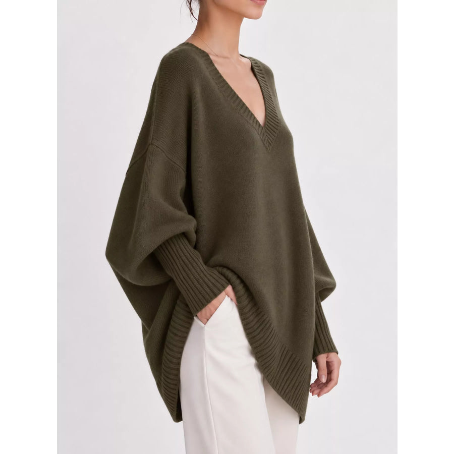 Full Size V-Neck Oversized Batwing Sleeve Sweater Plus Apparel and Accessories