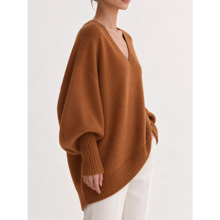 Full Size V-Neck Oversized Batwing Sleeve Sweater Plus Apparel and Accessories