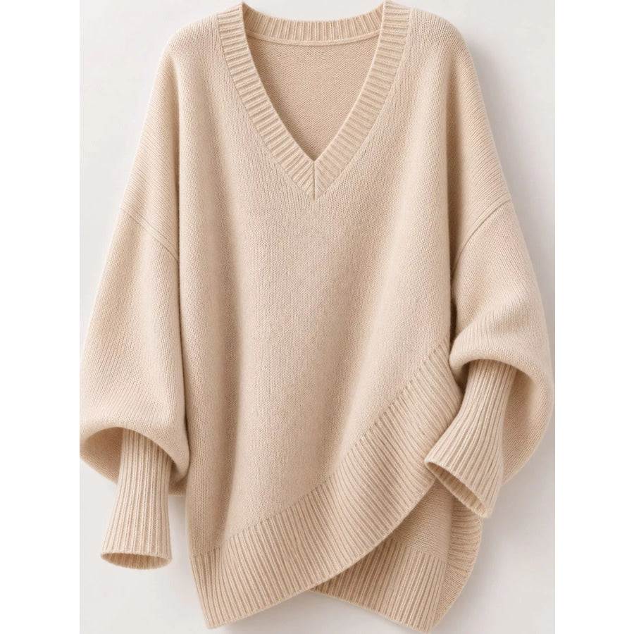 Full Size V-Neck Oversized Batwing Sleeve Sweater Plus Apparel and Accessories