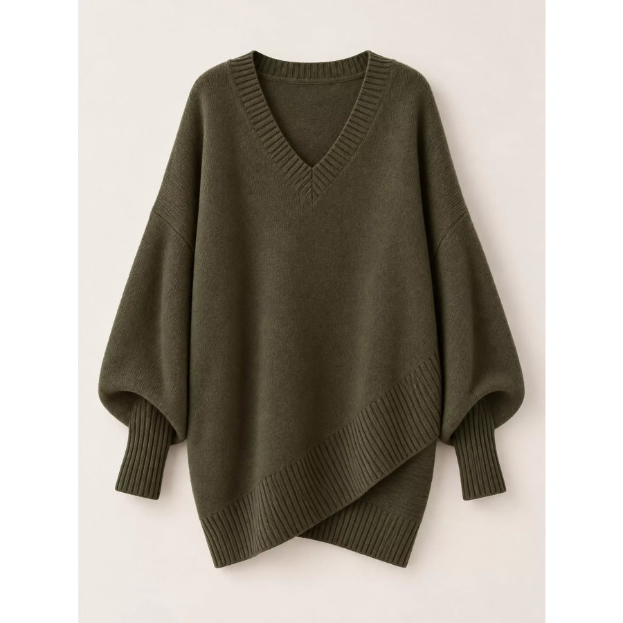 Full Size V-Neck Oversized Batwing Sleeve Sweater Plus Apparel and Accessories