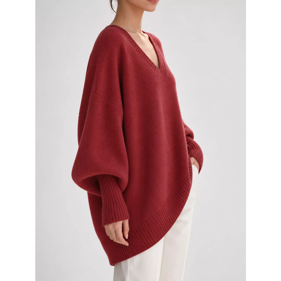 Full Size V-Neck Oversized Batwing Sleeve Sweater Plus Apparel and Accessories
