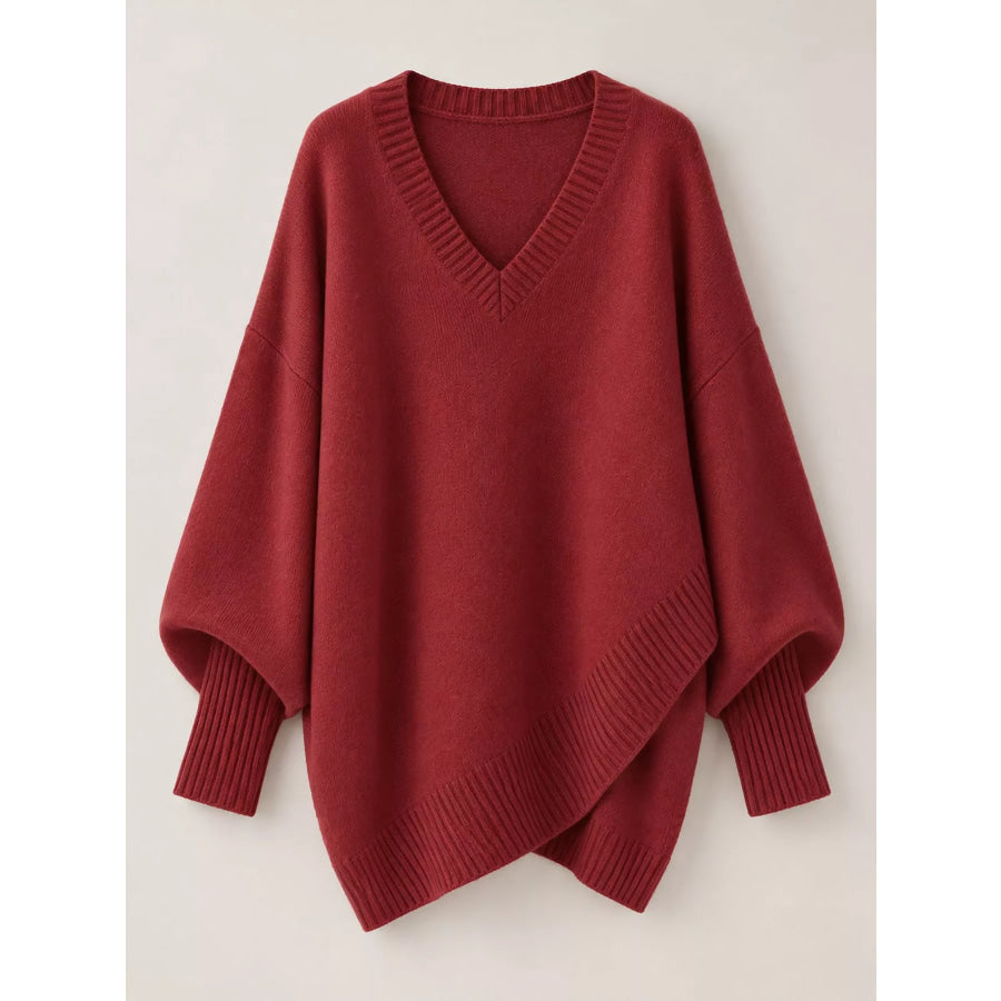 Full Size V-Neck Oversized Batwing Sleeve Sweater Plus Apparel and Accessories