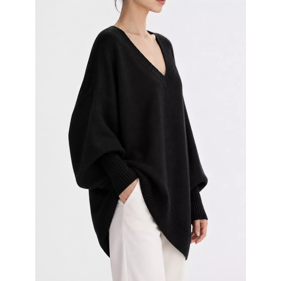 Full Size V-Neck Oversized Batwing Sleeve Sweater Plus Apparel and Accessories