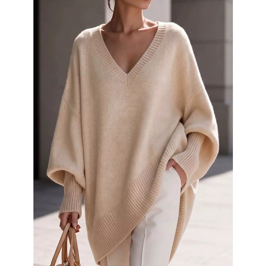 Full Size V-Neck Oversized Batwing Sleeve Sweater Plus Apricot / XS Apparel and Accessories