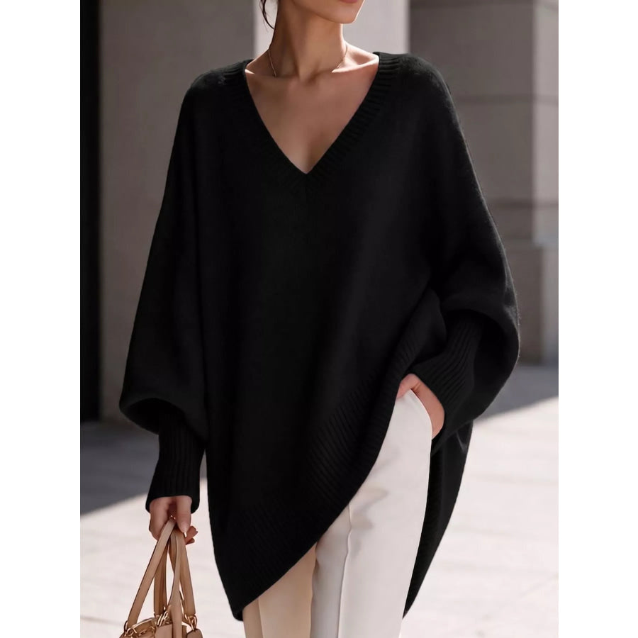 Full Size V-Neck Oversized Batwing Sleeve Sweater Plus Black / XS Apparel and Accessories