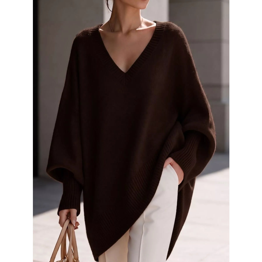 Full Size V-Neck Oversized Batwing Sleeve Sweater Plus Coffee / XS Apparel and Accessories