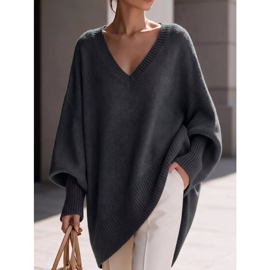 Full Size V-Neck Oversized Batwing Sleeve Sweater Plus Dark Gray / XS Apparel and Accessories