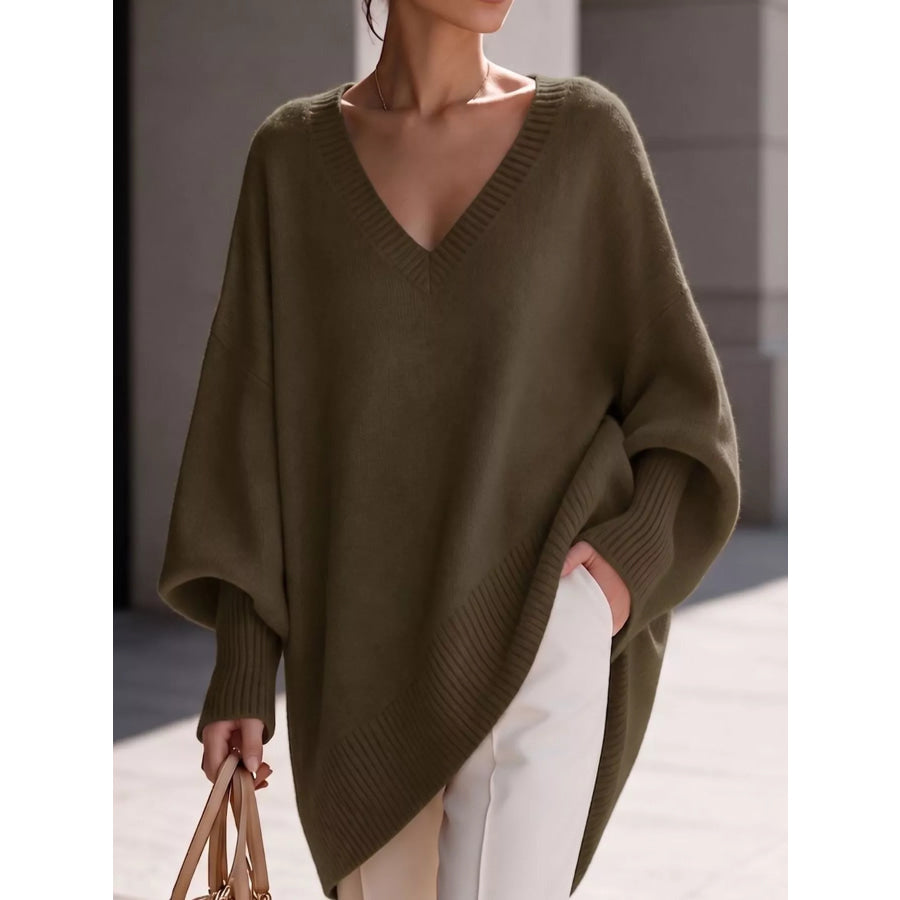 Full Size V-Neck Oversized Batwing Sleeve Sweater Plus Dark Green / XS Apparel and Accessories
