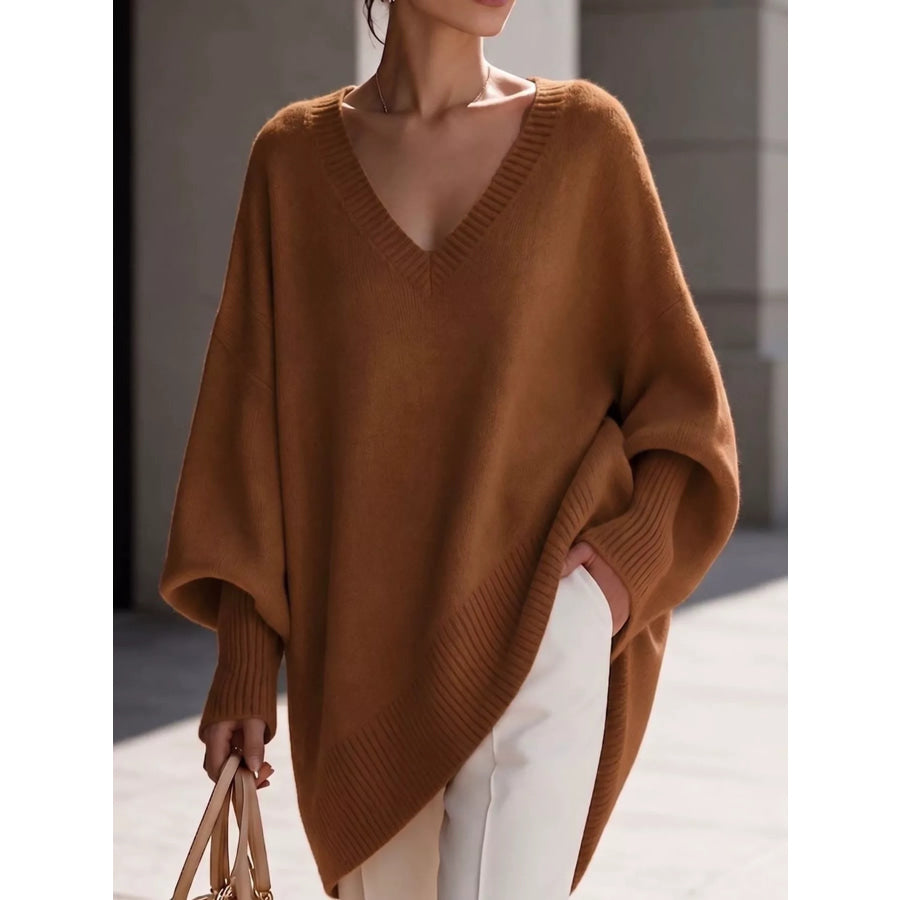 Full Size V-Neck Oversized Batwing Sleeve Sweater Plus Golden Brown / XS Apparel and Accessories