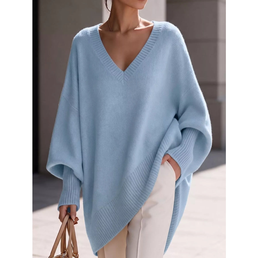 Full Size V-Neck Oversized Batwing Sleeve Sweater Plus Light Blue / XS Apparel and Accessories