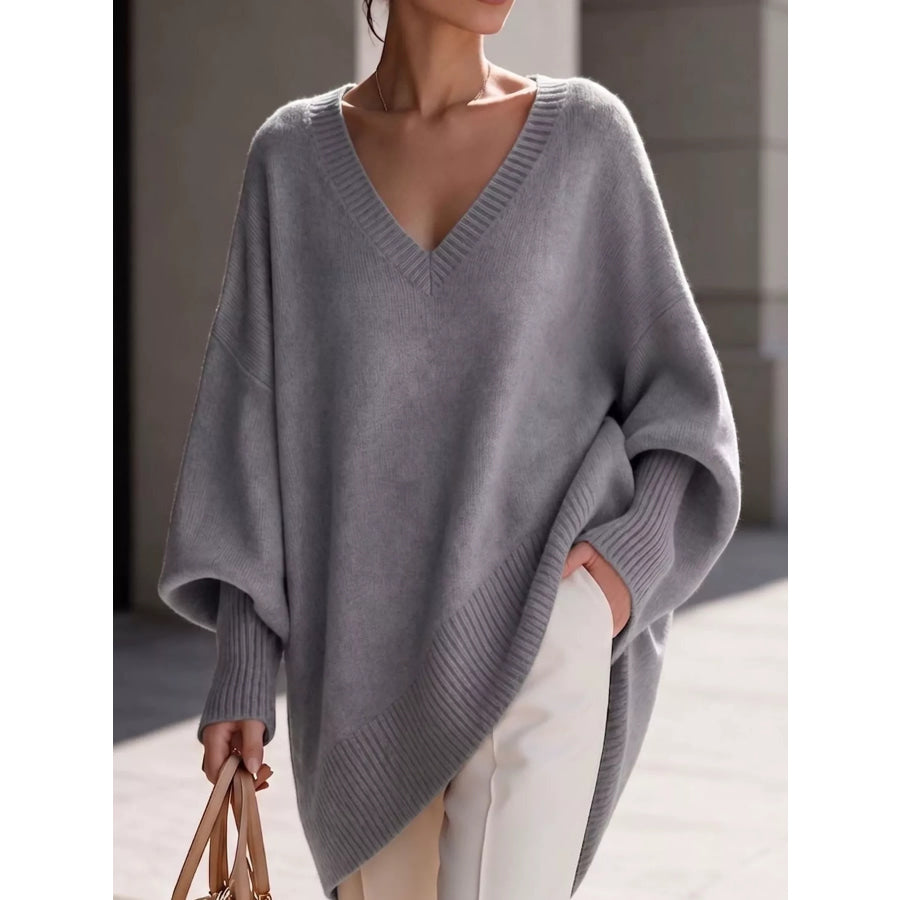 Full Size V-Neck Oversized Batwing Sleeve Sweater Plus Light Gray / XS Apparel and Accessories