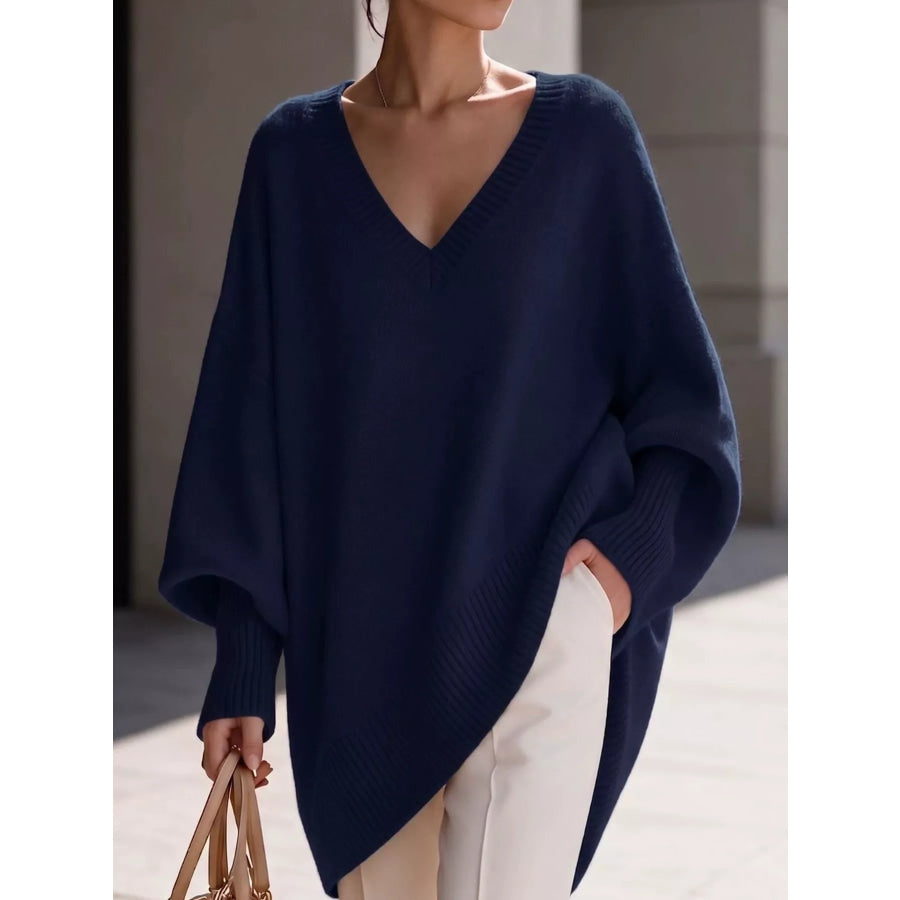 Full Size V-Neck Oversized Batwing Sleeve Sweater Plus Navy / XS Apparel and Accessories
