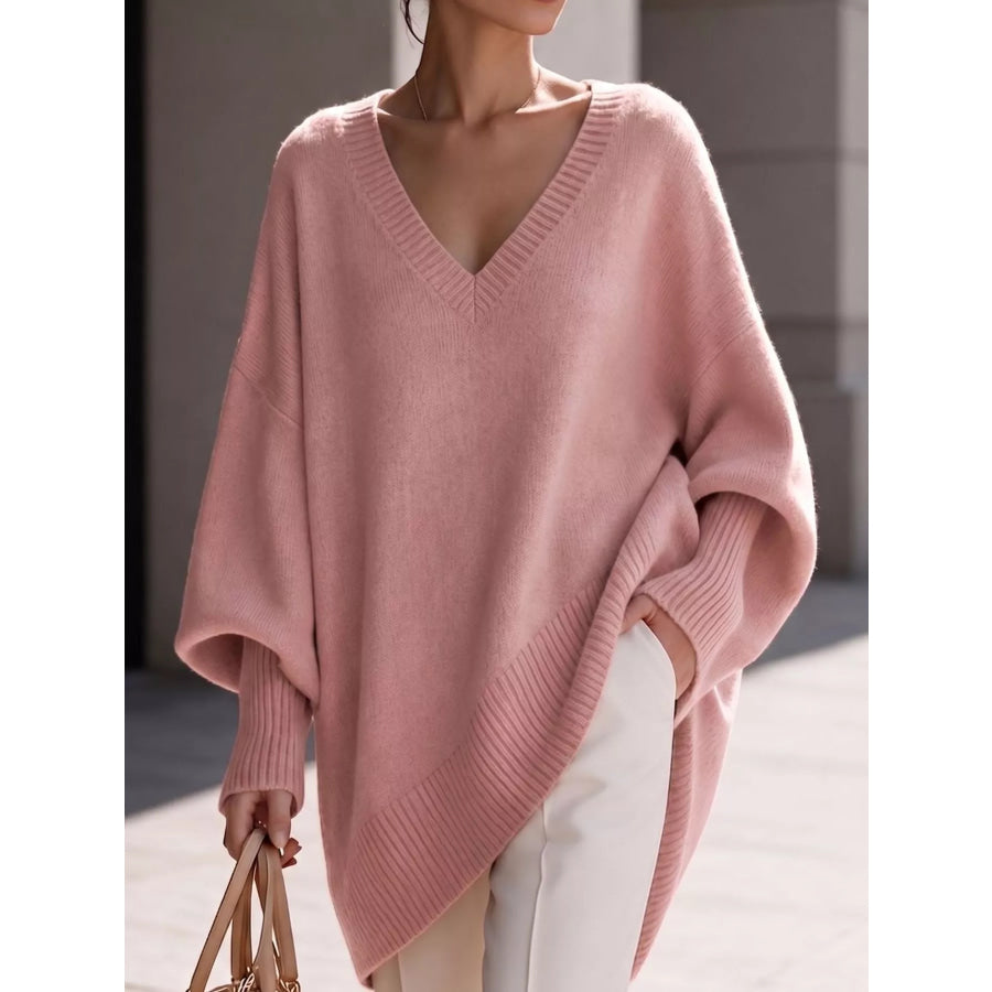 Full Size V-Neck Oversized Batwing Sleeve Sweater Plus Pink / XS Apparel and Accessories
