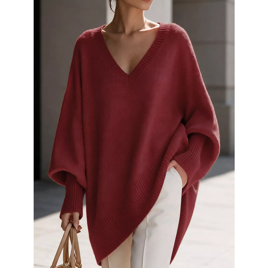 Full Size V-Neck Oversized Batwing Sleeve Sweater Plus Red / XS Apparel and Accessories