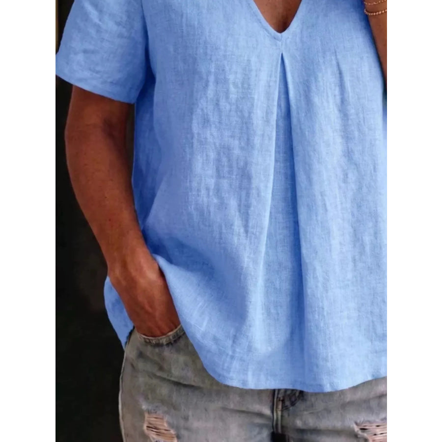 Full Size V-Neck Pleated Short Sleeve Blouse Plus Size Apparel and Accessories