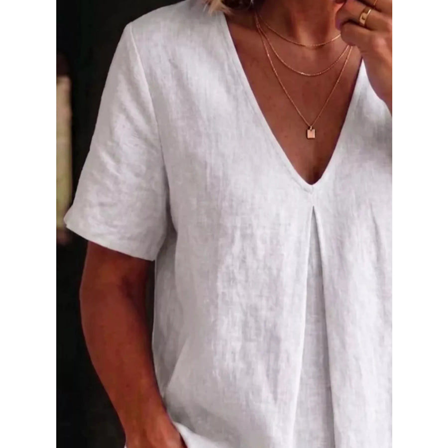 Full Size V-Neck Pleated Short Sleeve Blouse Plus Size Apparel and Accessories