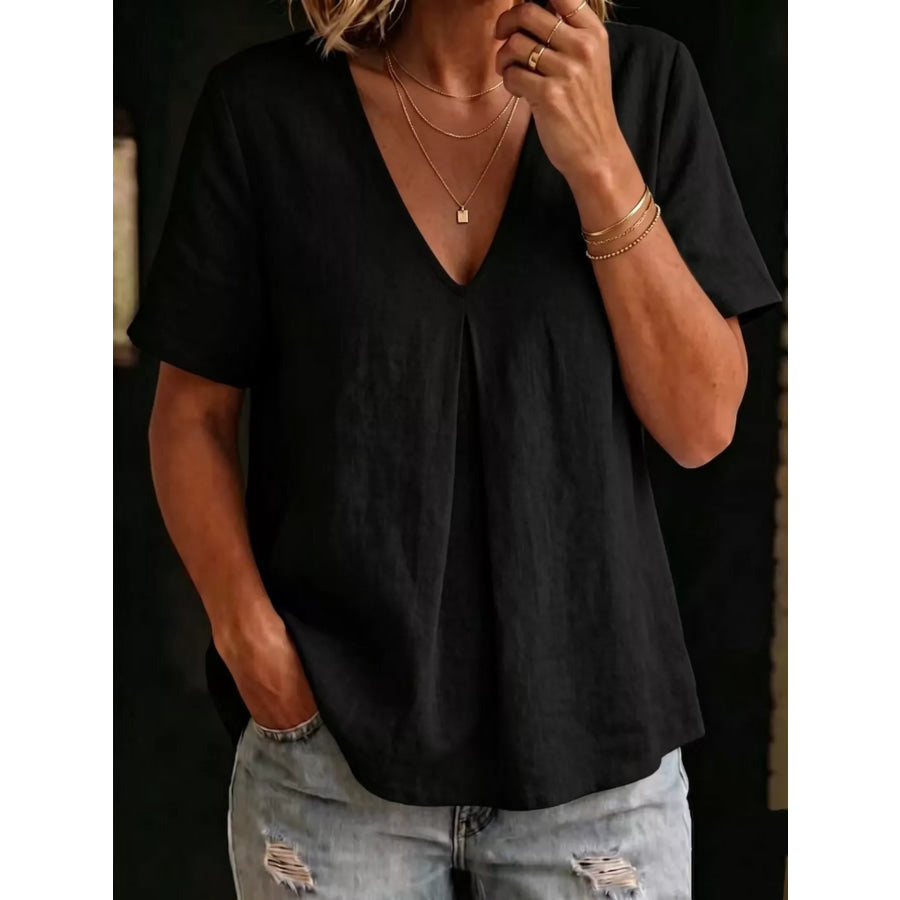 Full Size V-Neck Pleated Short Sleeve Blouse Plus Size Apparel and Accessories