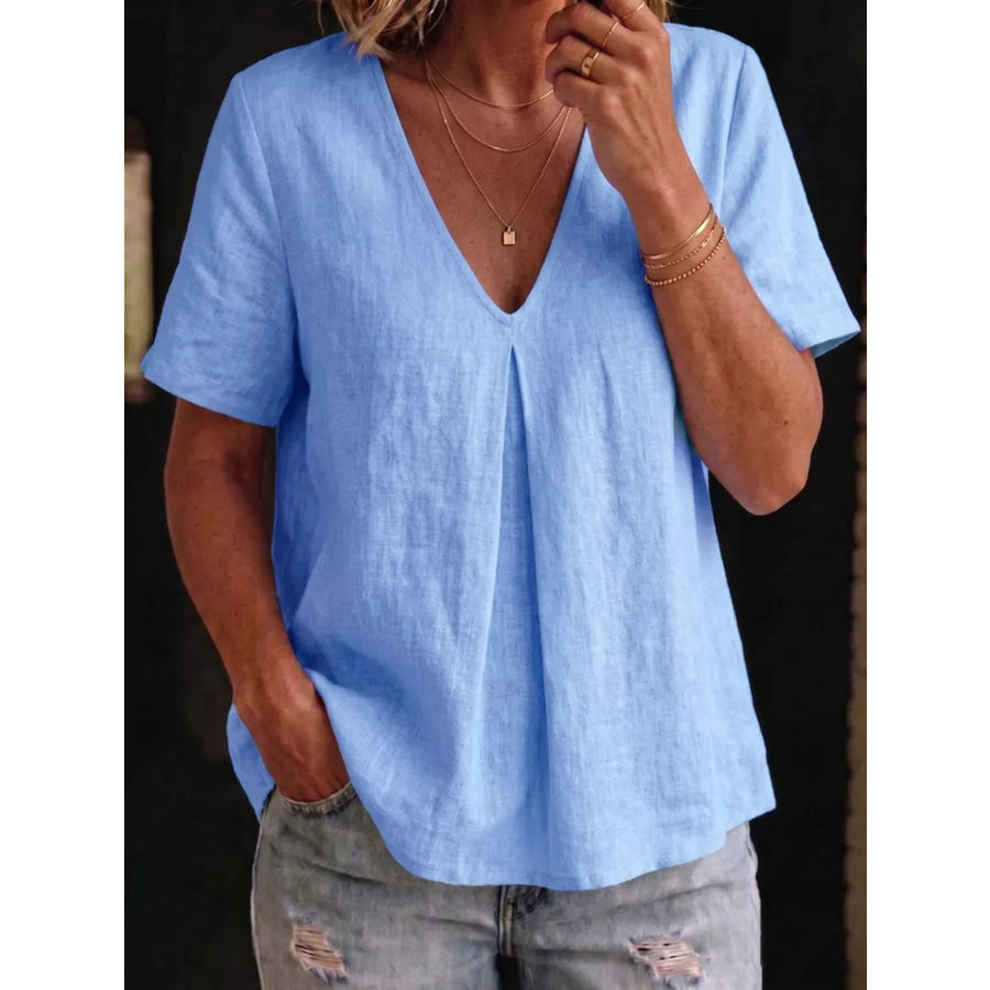 Full Size V-Neck Pleated Short Sleeve Blouse Plus Size Apparel and Accessories