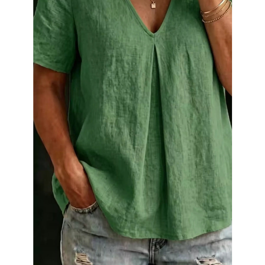 Full Size V-Neck Pleated Short Sleeve Blouse Plus Size Apparel and Accessories