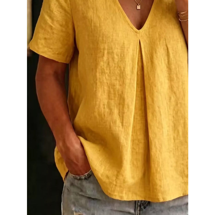 Full Size V-Neck Pleated Short Sleeve Blouse Plus Size Apparel and Accessories