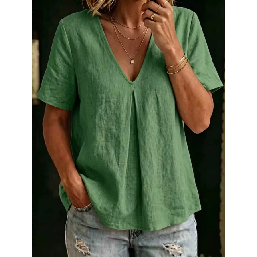 Full Size V-Neck Pleated Short Sleeve Blouse Plus Size Apparel and Accessories