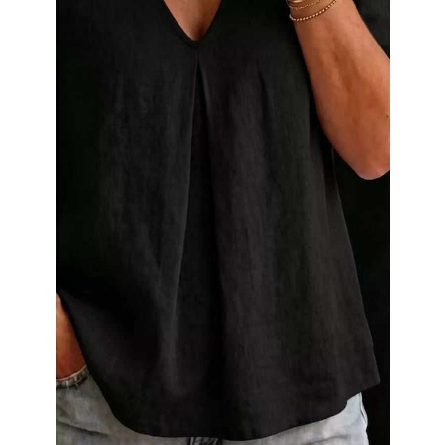 Full Size V-Neck Pleated Short Sleeve Blouse Plus Size Black / S Apparel and Accessories