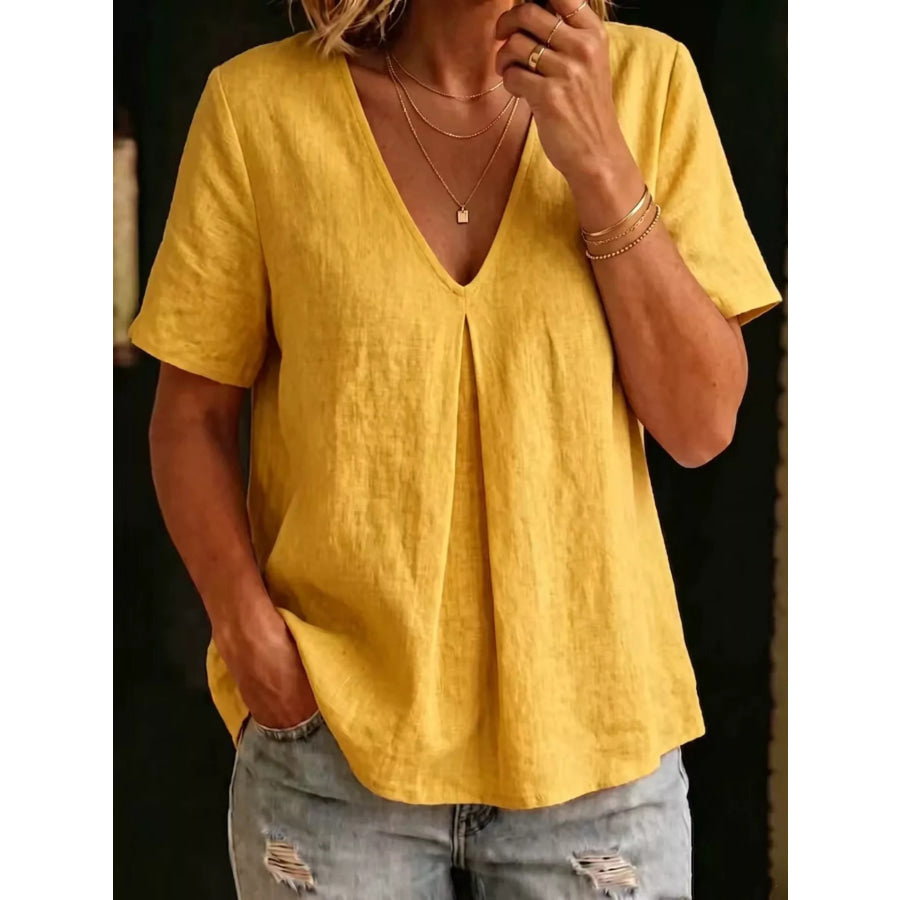 Full Size V-Neck Pleated Short Sleeve Blouse Plus Size Gold / S Apparel and Accessories