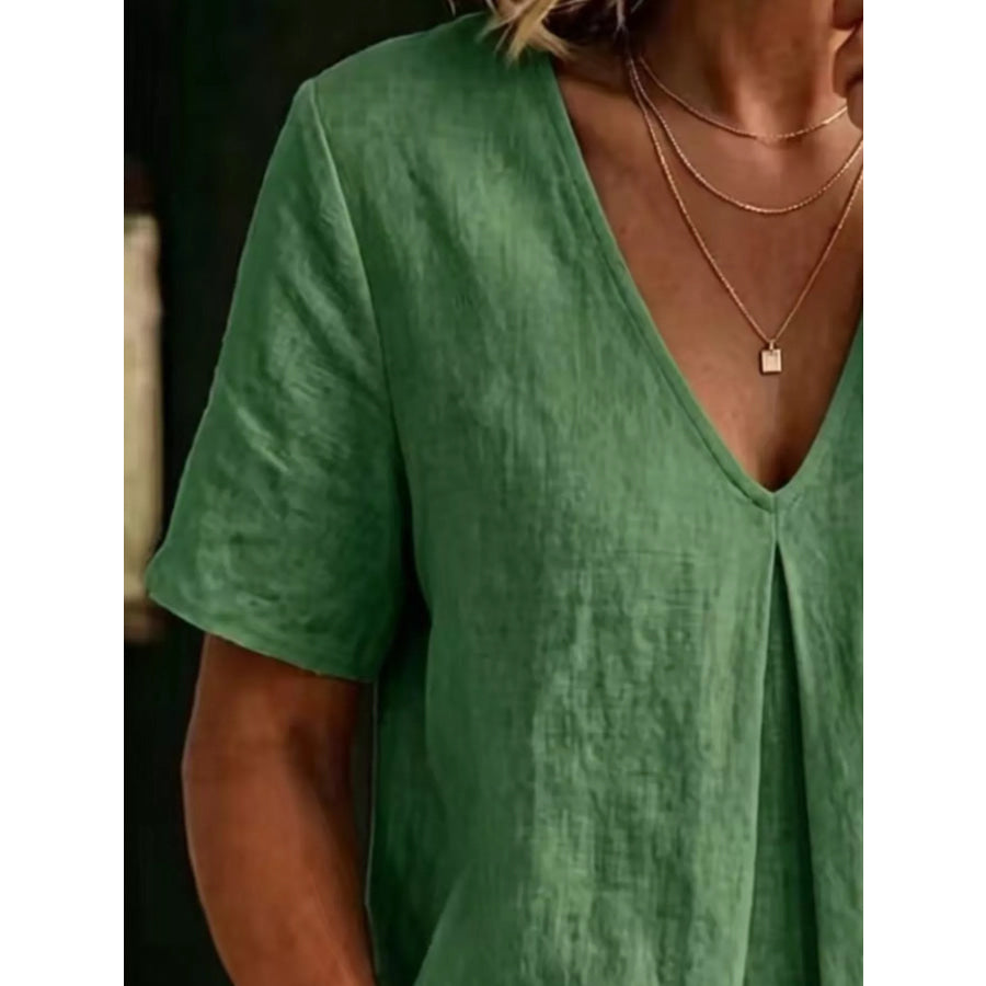 Full Size V-Neck Pleated Short Sleeve Blouse Plus Size Green / S Apparel and Accessories