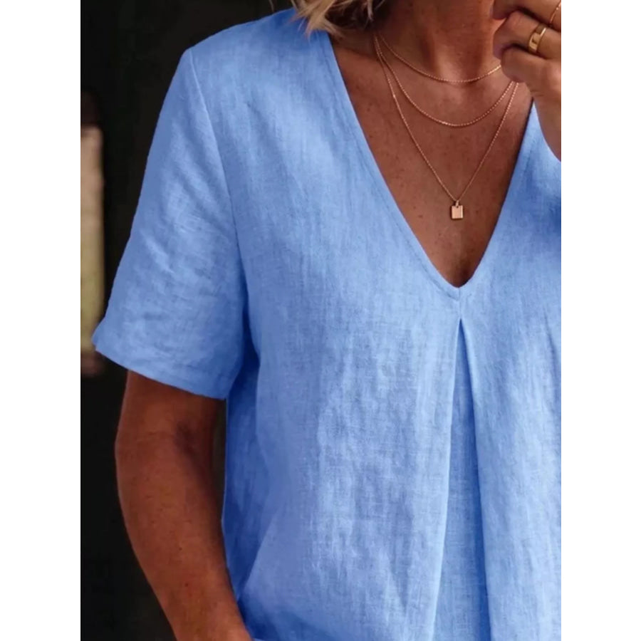 Full Size V-Neck Pleated Short Sleeve Blouse Plus Size Sky Blue / S Apparel and Accessories