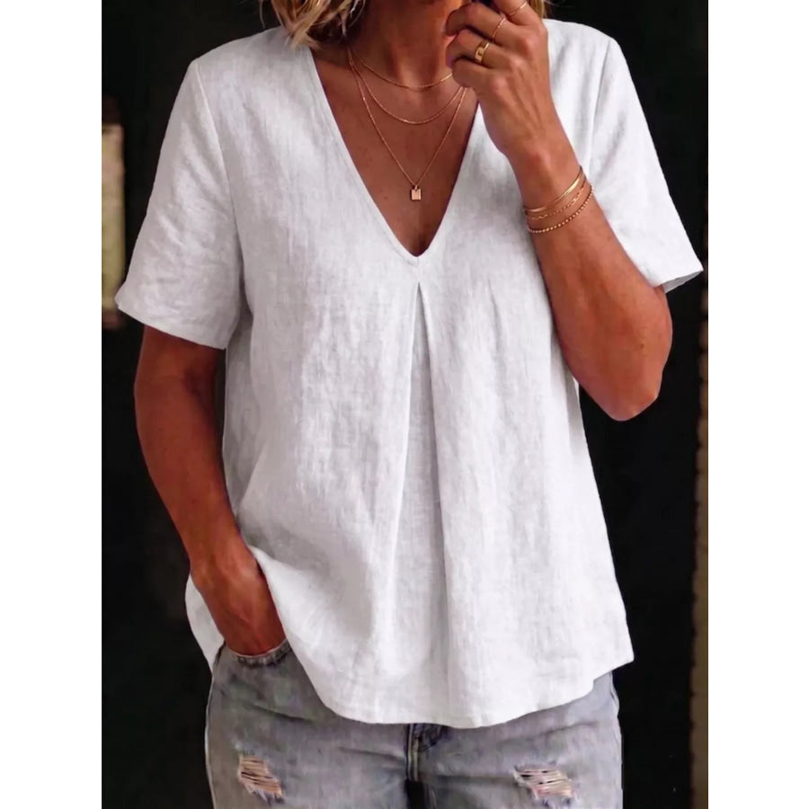 Full Size V-Neck Pleated Short Sleeve Blouse Plus Size White / S Apparel and Accessories