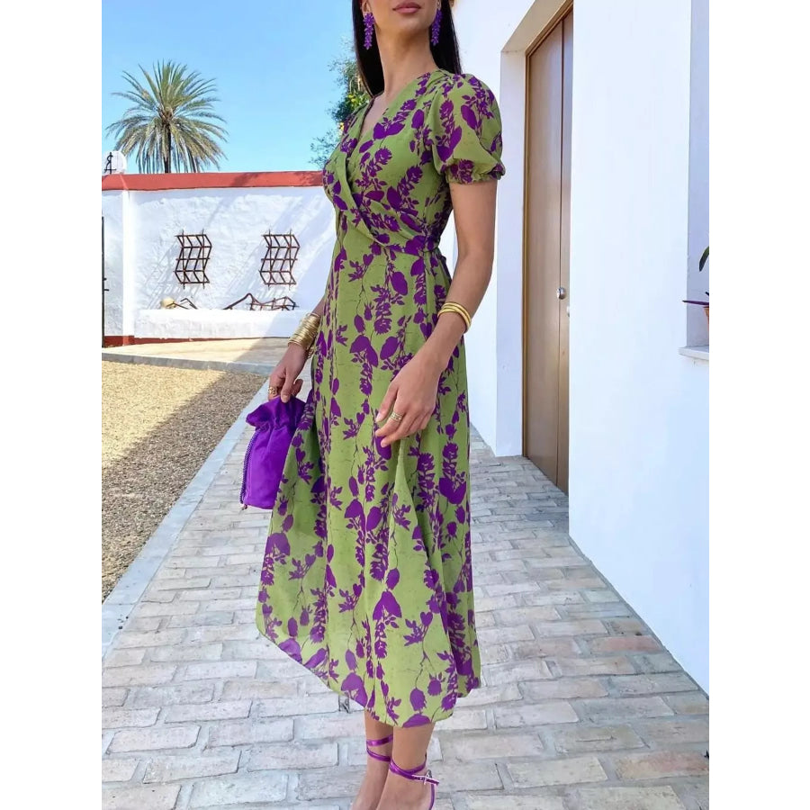 Full Size V-Neck Puff Sleeve Floral Print Dress Plus Size Apparel and Accessories