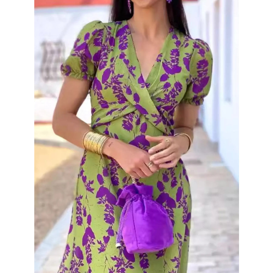 Full Size V-Neck Puff Sleeve Floral Print Dress Plus Size Apparel and Accessories
