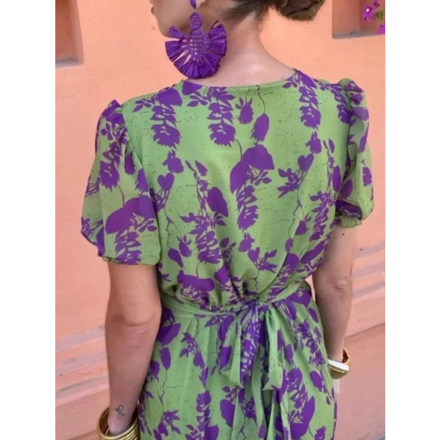 Full Size V-Neck Puff Sleeve Floral Print Dress Plus Size Apparel and Accessories